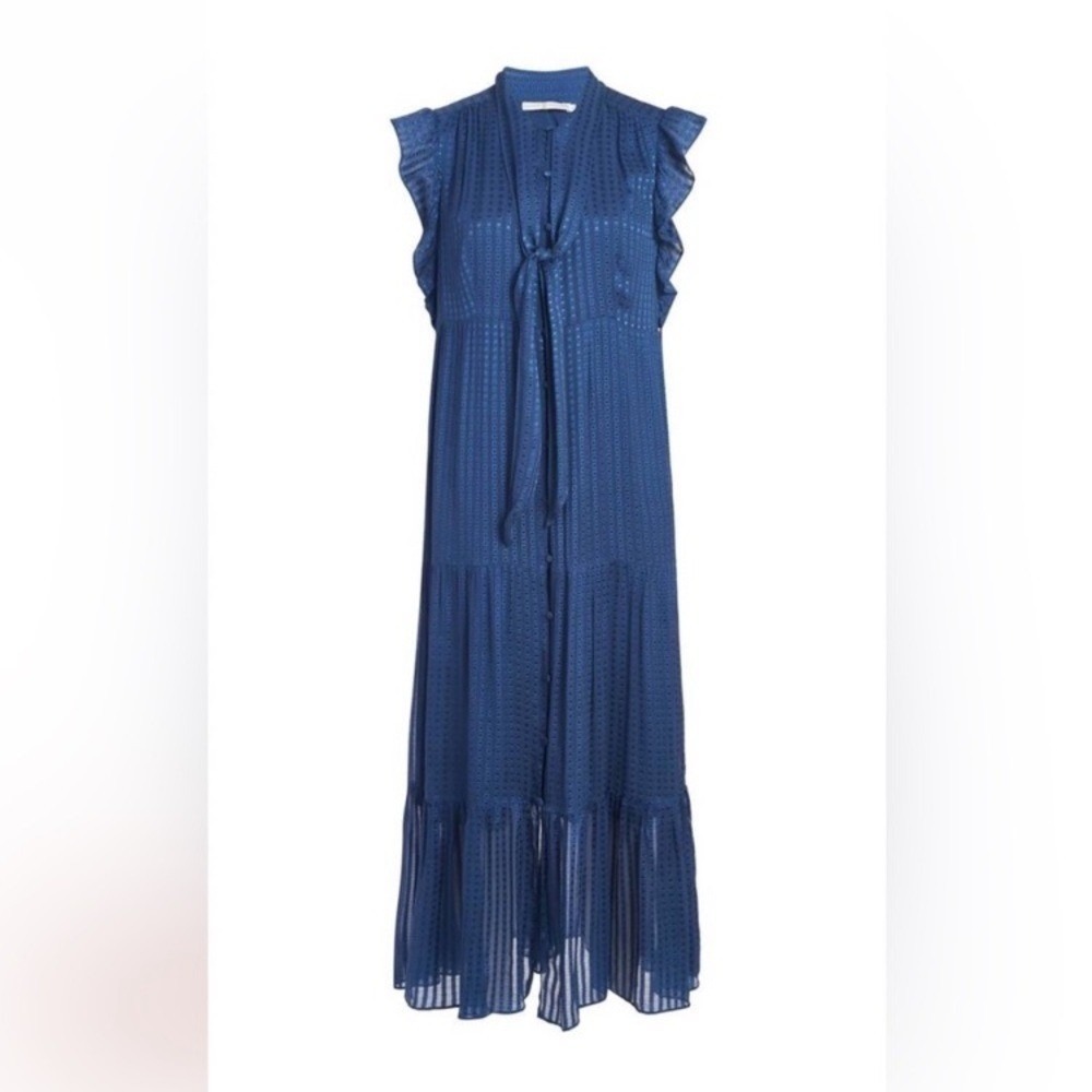 Marie Oliver Kylee Dress, Ocean ruffle silk blend Size S maxi solid blue tie - Picture 6 of 16